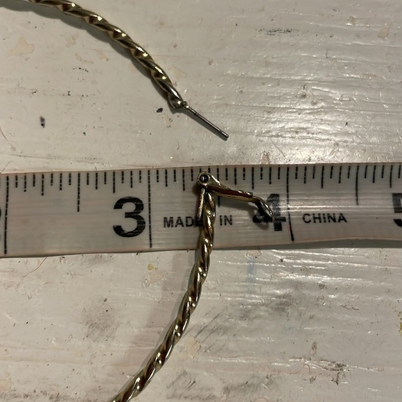 4” gold tone diamond etched open hoop earrings with latch back closures - Picture 12 of 14